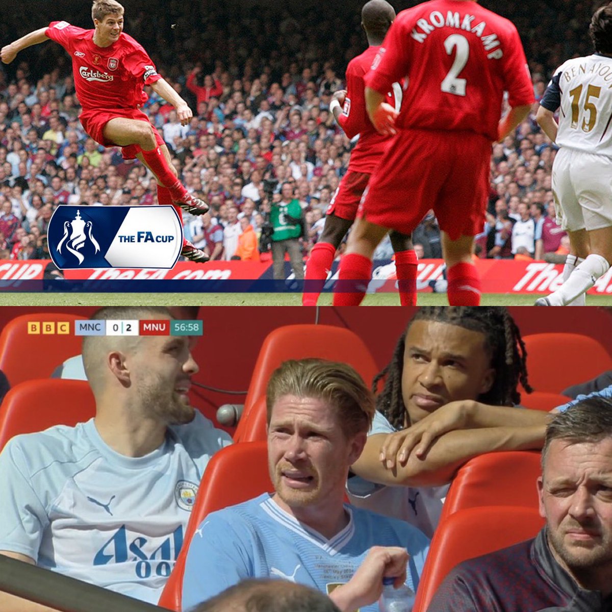 Steven Gerrard when his team goes 2-0 down in an FA Cup Final vs Kevin De Bruyne when his team goes 2-0 down in an FA Cup Final.