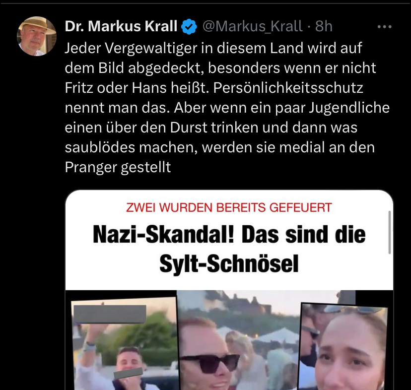 Es sind übrigens die gleichen Acoounts wie Markus Krall, die vor ein paar Wochen die Daten eines Lehrers veröffentlicht haben um ihn zu 'bestrafen' (s. u,), die jetzt ihr ♥️ für Persönlichkeitsrechte entdecken. 

Clowns der Doppelmoral.
👇