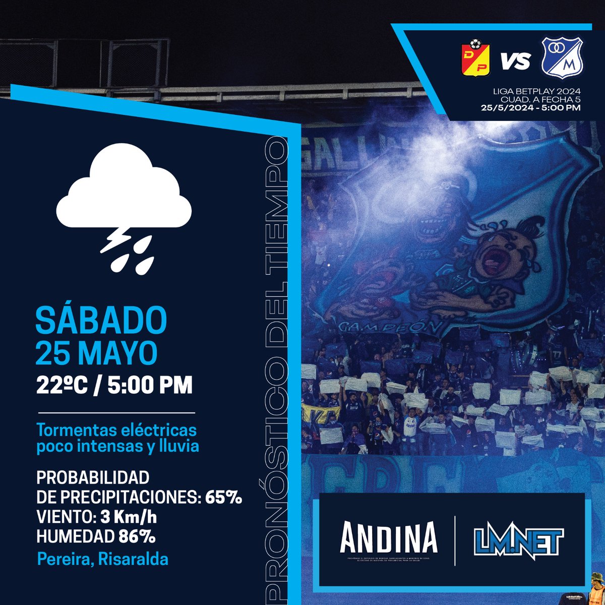 Este será el clima ⛈️ que acompañará a Millonarios en el partido de esta tarde. #MillonariosEsSuHinchada 🔵⚪ #UnidosSomosMásFuertes @CervezaAndinaCo