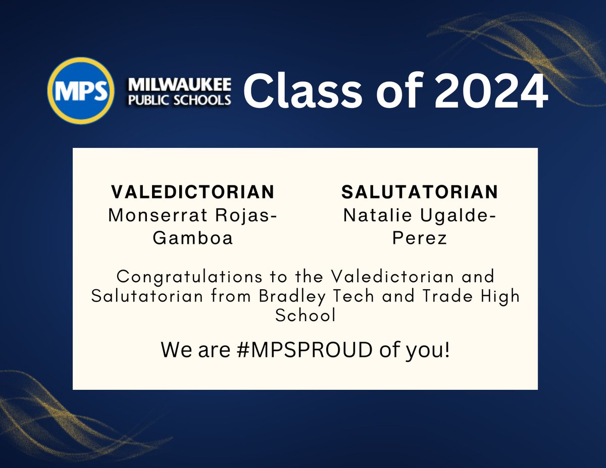 Congratulations to the valedictorian and salutatorian of Bradley Tech High School! You make us #MPSProud! #MPSClass2024 For more information on the MPS 2024 graduation ceremonies visit mpsmke.com/graduation