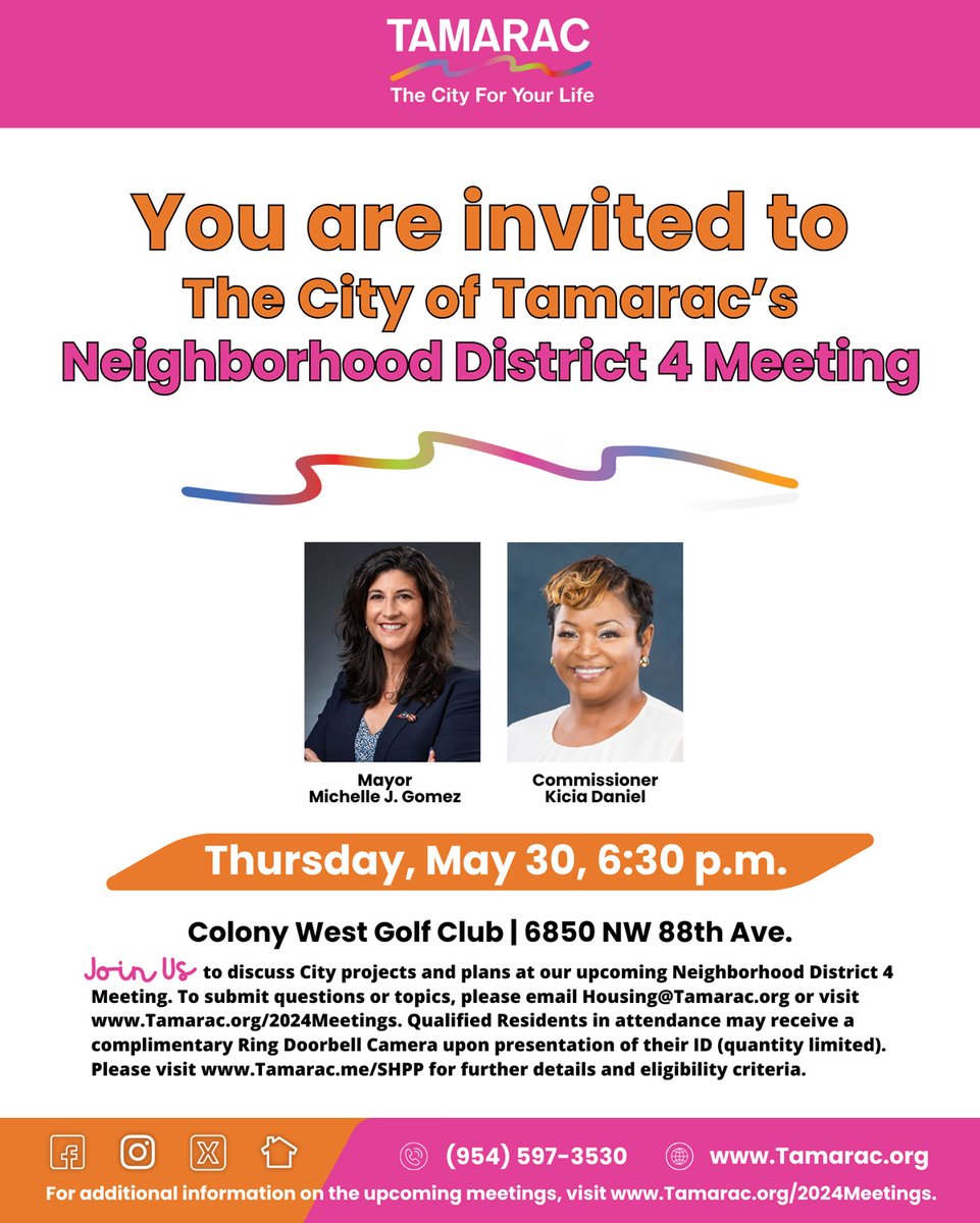 Join us at an upcoming Neighborhood Meeting for a discussion on City projects. Taking place at Colony West Golf Club, on Thursday, May 30, @ 6:30pm, Tamarac elected officials and staff will answer questions and share insights into what the future holds for The City For Your Life.