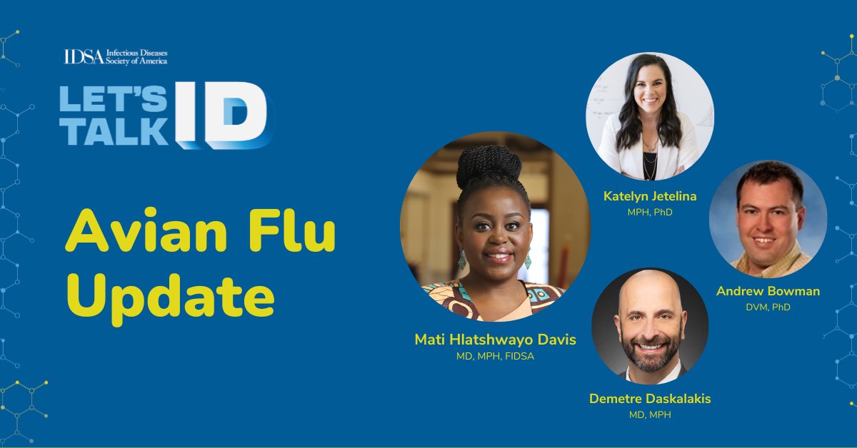 NEW #LetsTalkID episode out now! Host @MatiH_ID discusses #avianinfluenza w/ director of @CDCgov's National Center for Immunization and Respiratory Diseases @dr_demetre, epidemiologist @dr_kkjetelina & veterinarian Andrew Bowman, DVM, PhD. Available wherever you listen to