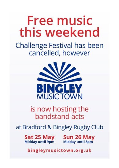 Don't forget that Bradford and Bingley Rugby club have stepped in to salvage some of the cancelled Challenge Fest
Get down and support this event if you can!
bingleymusictown.org.uk/challenge2024