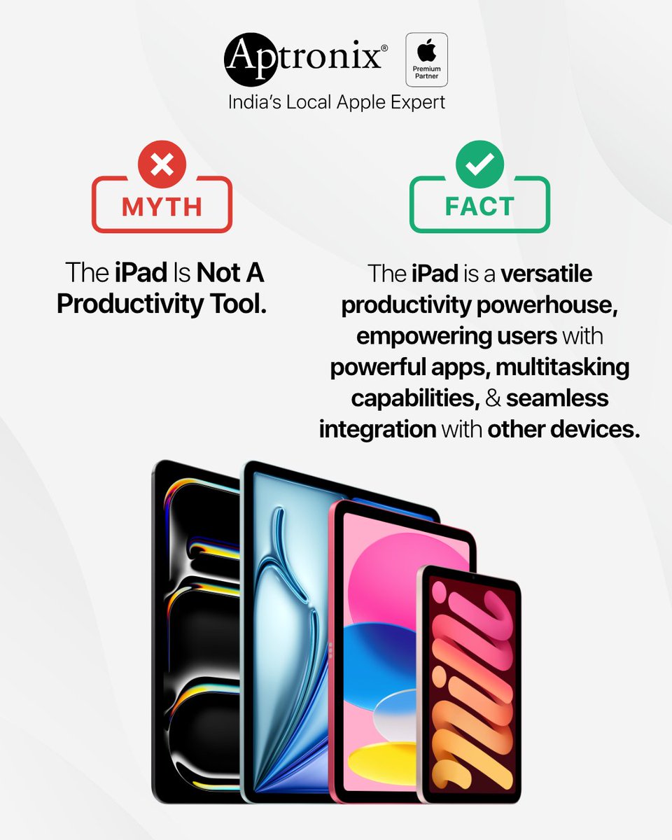 Myth vs. Fact.  🔍💡

Myth - The iPad Is Not A Productivity Tool.

Fact - The iPad is a versatile productivity powerhouse, empowering users with powerful apps, multitasking capabilities, & seamless integration with other devices.

Follow @aptronixindia to know more.

#Aptronix