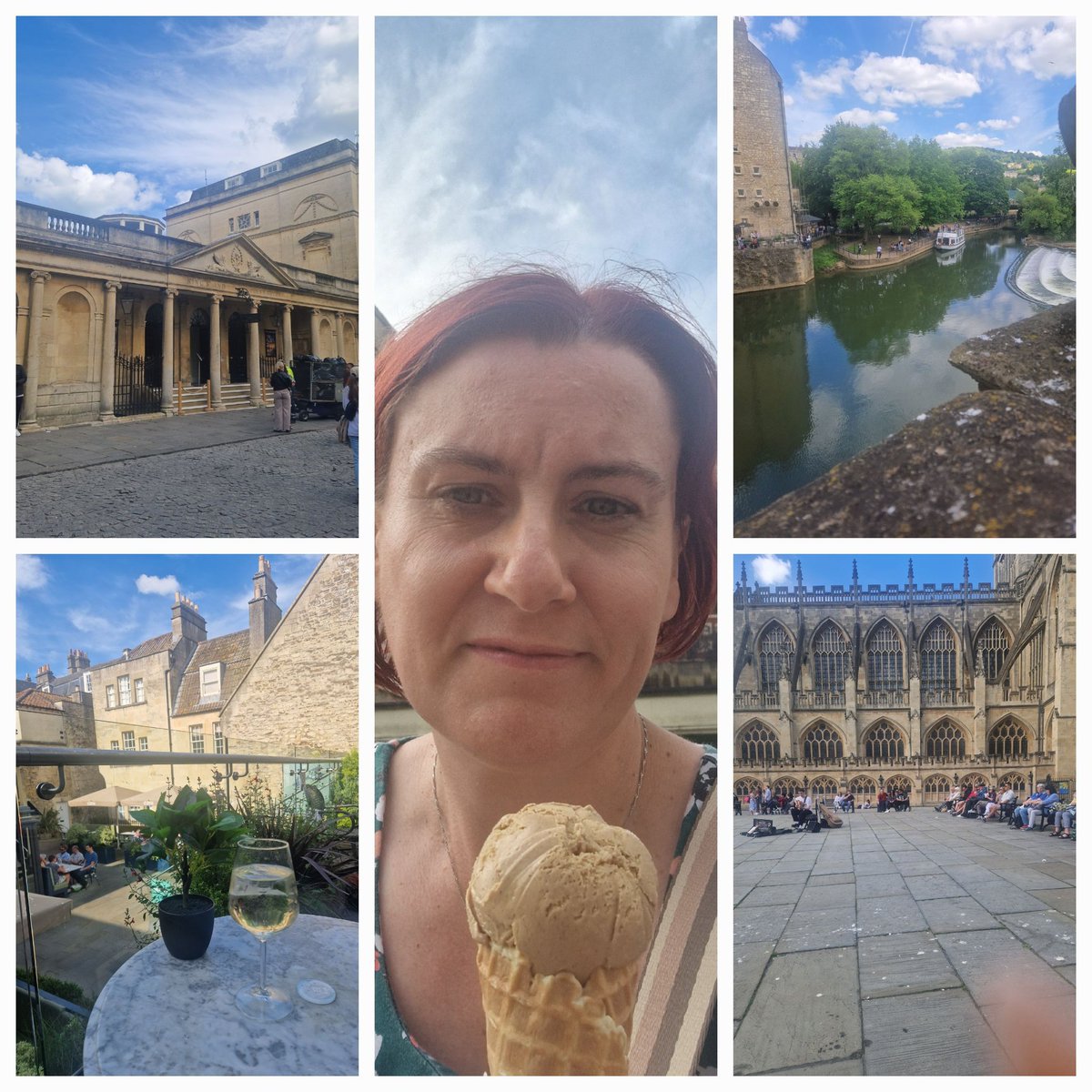 Not fussed with the football ⚽️ had a little wander round Bath, got a couple of dresses in charity shops and a necklace the market. Had an ice cream 🍦 in the sun now sat on a cute terrace with a wine and soda #SaturdayVibes