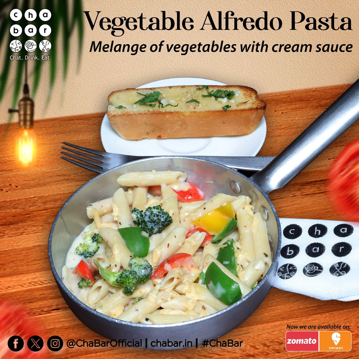 Give a healthy start to your day with our drool-worthy Vegetable Alfredo Pasta which is super creamy yet light and loaded with enough vegetables to make your salad jealous. 
Visit your nearest #ChaBar or order online from Zomato & Swiggy.
#VegetableAlfredoPasta #Pasta