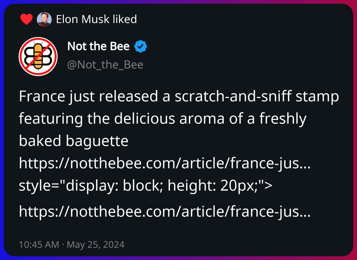 Elon Musk liked a post from Not the Bee x.com/Not_the_Bee/st…