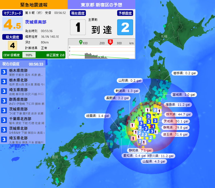 [緊急地震速報] 00:56:35現在
第8報(終) 予報
発生時刻：00:55:36
震央情報：茨城県南部
震源情報：36.1N 140.1E 80km
地震規模：M4.5 最大震度：4
予想震度：1.8 猶予時間：主要動 到達