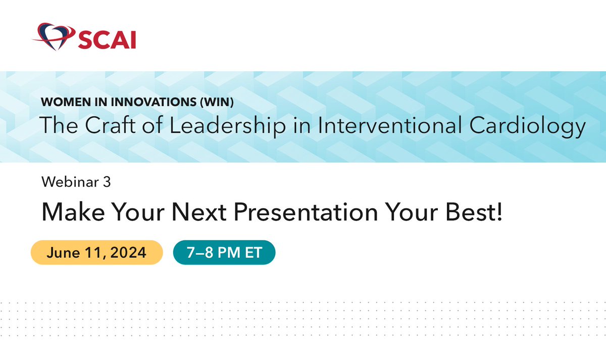 📅Join our #SCAIWIN webinar on June 11! Expert faculty will share tips and tricks to elevate your presentation skills. Whether you're a pro or just starting, this session will equip you with tools to make your next presentation your best yet. Register ➡️ scaipro.scai.org/URL/WINJune24