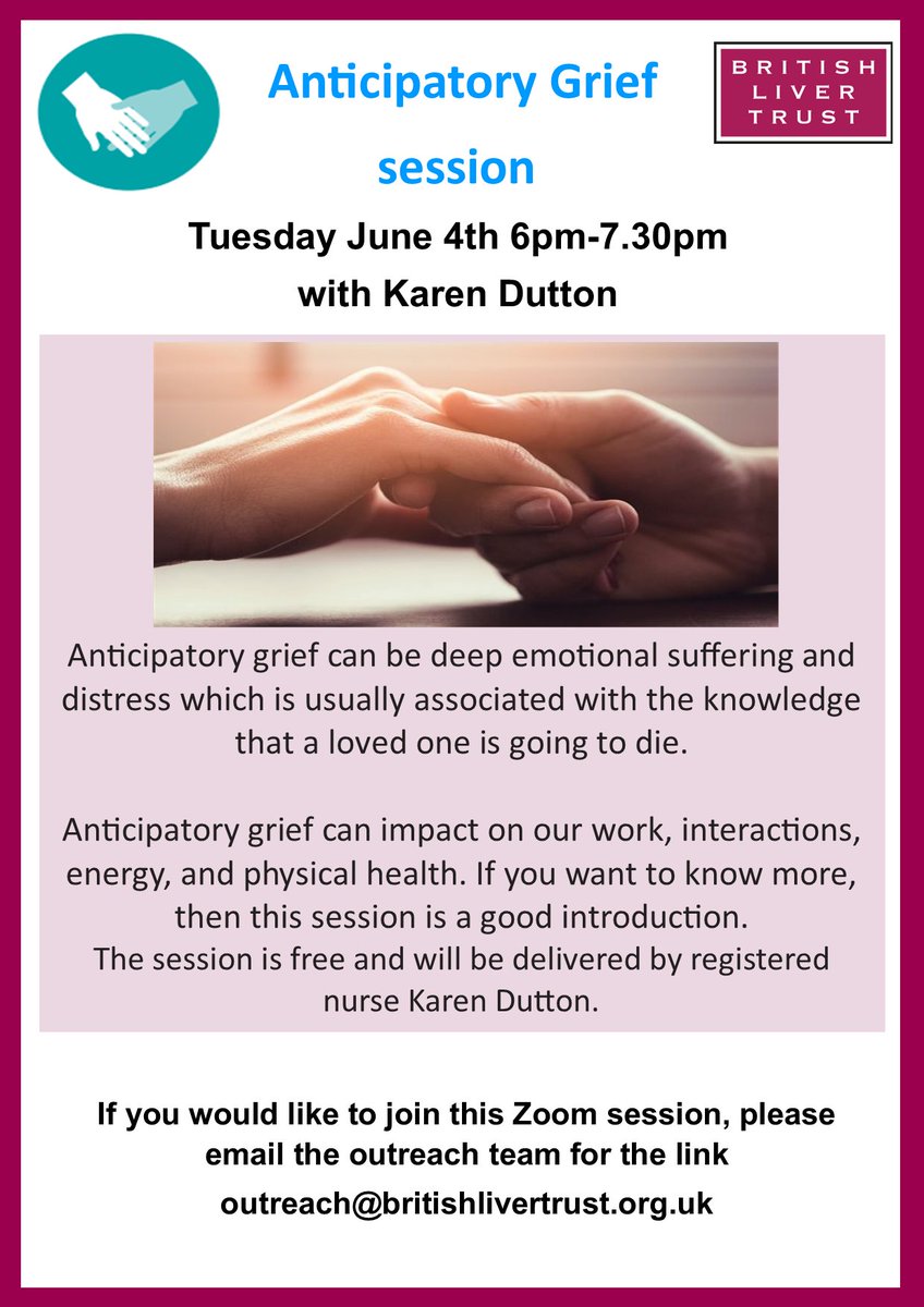 Living with the knowledge that you may soon lose a loved one is extremely hard. If you are dealing with anticipatory grief, or would like to know more, please email outreach@britishlivertrust.org.uk to join our free session, June 4th from 6pm to 7.30pm.