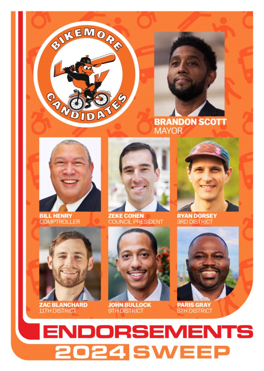 strategylog's tweet photo. Bikemore Candidates Endorsement 2024 Sweep!!!  👩‍🦯🚶👨‍🦽🚲🛴🚍🚈🚇🏘️🏙️ @bikemorebmore https://t.co/eNbT42py97