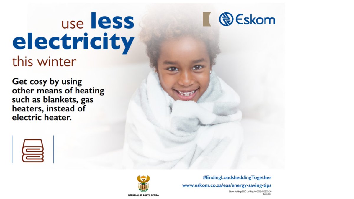 Wrap up with blankets this winter and avoid using the heaters, to save on your electricity bill.
#EndingLoadsheddingTogether #NationalEnergyMonth