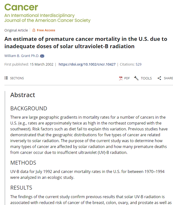 Dermatologists want you to wear sunscreen that blocks most UVB wavelengths of sunlight but UVB light reduces your risk of cancers of breast, colon, ovary, and prostate as well as non-Hodgkin lymphoma as well as bladder, esophageal, kidney, lung, pancreatic, rectal, stomach, and