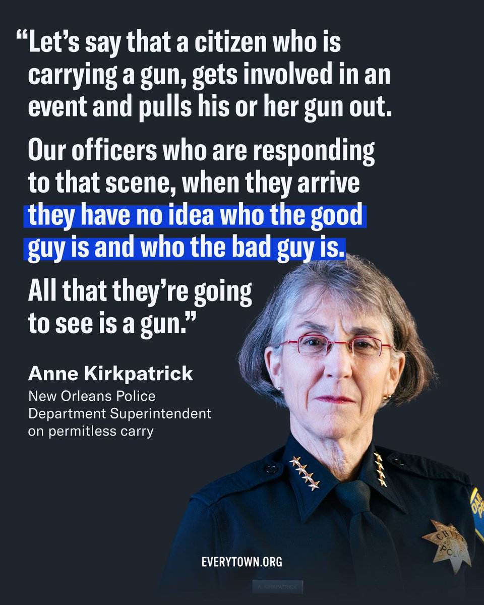 Everytown's tweet photo. Permitless carry makes us all less safe. That's why law enforcement, firearms trainers, and the majority of Americans (88%) overwhelmingly oppose it. But that hasn’t stopped gun lobby-backed lawmakers from passing permitless carry laws in 29 states. https://t.co/2JkJuH4XBi