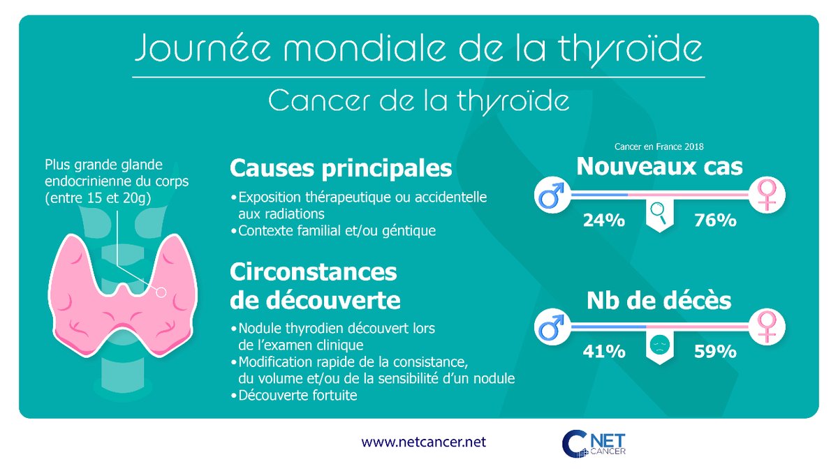 Aujourd'hui, c’est la Journée Mondiale de la Thyroïde, une occasion pour parler du cancer de la thyroïde. 🔍 Le pronostic du cancer de la thyroïde reste majoritairement de bon mais son incidence est en augmentation. 

#JournéeMondialeDeLaThyroïde #CancerDeLaThyroïde #Prévention