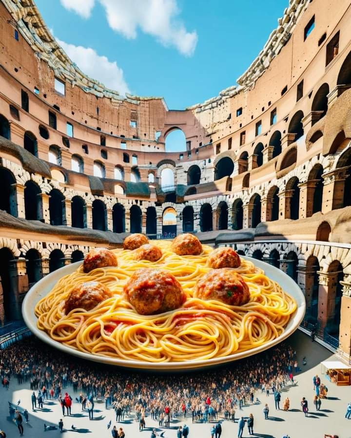 Anche a voi se chiedete all'intelligenza artificiale di farvi una carbonara gigante dentro il colosseo vi fa spaghi e polpette?