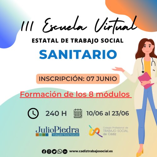 III Escuela Virtual de Trabajo Social Sanitario totalmente online
👉240 horas de Formación acreditada bolsas de empleo y oposiciones.
👉Totalmente online (a tú ritmo).
inscripción: cgtrabajosocial.es/cadiz/eventos/…