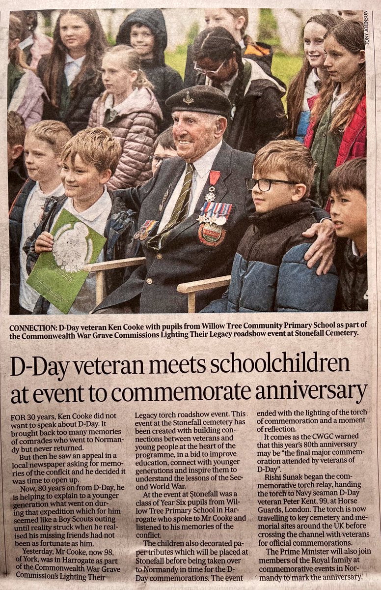 D-Day Veteran Ken Cook front and centre in todays @yorkshirepost after yesterdays @CWGC Torch event in Harrogate. Have a look on the CWGC website to see if the torch is coming near you before it heads off to Normandy.