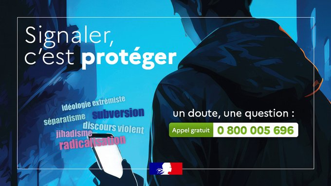 #Radicalisation | Signaler, c'est protéger Vous pensez qu’un proche, un ami, un collègue s’est engagé dans un processus de radicalisation et vous craignez un potentiel passage à l’acte ? Contactez le 0 800 005 696 (appel gratuit) où des professionnels vous répondent et vous