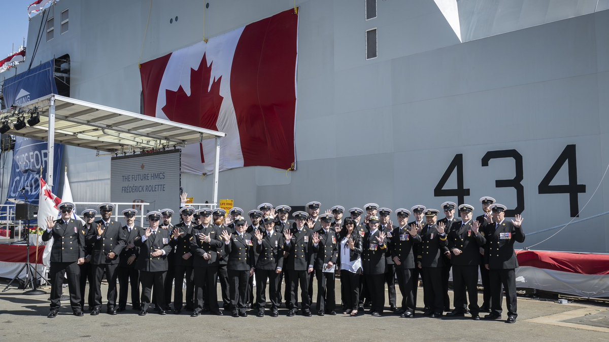 Today, in #Halifax, the future #HMCSFrédérickRolette was named in honour of the French-Canadian naval hero. The fifth of six Harry DeWolf-class vessels, the ceremony is believed to bring good luck and safe travel to the vessel and crew. #WeTheNavy