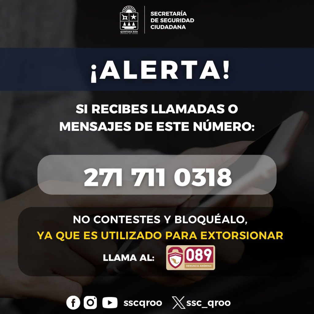 #Alerta 🚨

Te compartimos el siguiente número con incidencia de reportes de extorsión telefónica, evita ser víctima de este delito.

¡Comparte esta información con tus amigos y familiares!

 Unidos podemos transformar la #Seguridad de #QuintanaRoo 🤝