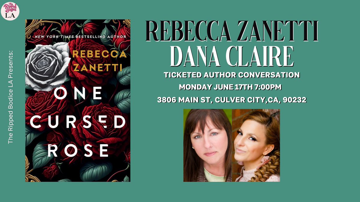 To celebrate One Cursed Rose, we're hosting an LA #AuthorEvent with Rebecca Zanetti on Monday, June 17th at 7pm. @RZanetti_Author will chat about her new romantasy with Dana Claire. 🖤

Tickets will include the limited edition. 
therippedbodicela.com/events-and-tic…

#TheRippedBodiceLA