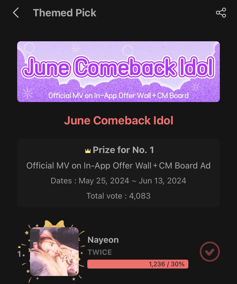 RESET VOTE‼️‼️ Don't forget to cast your vote for #NAYEON. This could help with her comeback promotion Let's widen the gap ONCEs 🙏🏻 #1 NAYEON [+1] 🔥