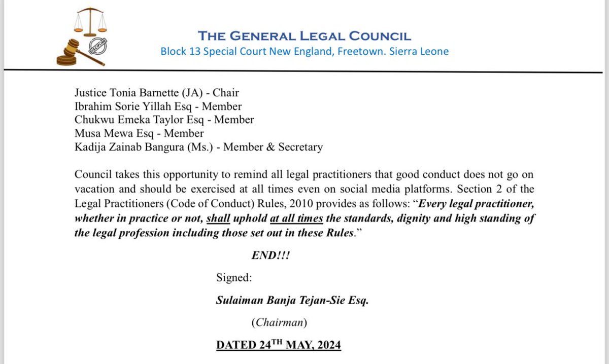 The Body Responsible For the regulations of the legal profession has added its voice to the embarrassing behaviors of lawyers last Saturday at the Sierra Leone Bar Association AGM.

The #GeneralLegalCouncil otherwise know as #GLC notes that on the issue of jurisdiction over the