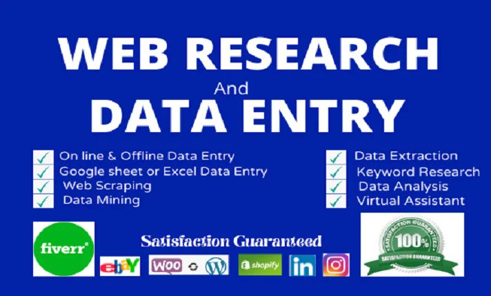 I will do any kind of data entry, scraping, mining, and web research #webresearch #leads #emaillisting #webextracting #mining #DataEntry #datacollection #saleslead #datascraping #marketing #webscraping #digitalmarketing #advertising #ecommerce More info: fiverr.com/s/EG6lvq