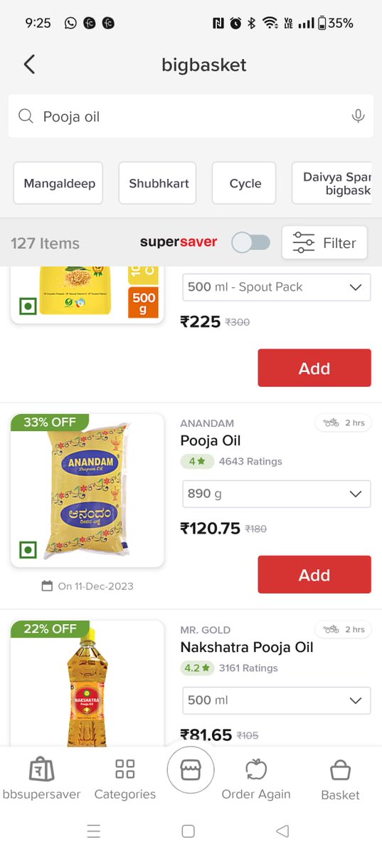 sandy076's tweet photo. Hi, @bigbasket_com why there is Rs 60 difference between same product in BBDaily and Big Basket. https://t.co/02eizCwpOm