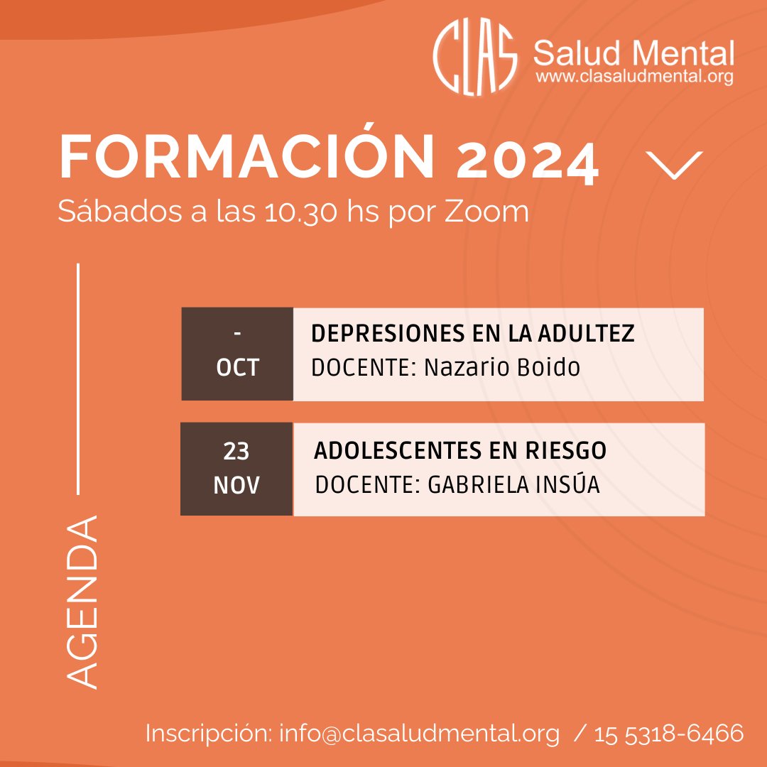 ClasSalud's tweet photo. Ciclo de charlas en Clas. Próximo 8/6 a las 10.30 hs por Zoom "Abordaje de las Adicciones", Docente: Dra. Mabel Levato.

Arancel: 9000 $.

Reserva tu lugar en el ciclo hasta 24 hs antes del comienzo: info@clasaludmental.org. Tel: (54 11) 7565-7307 / Whatsapp: +54 9 11 5318-6466 https://t.co/gWlWNiDe8a