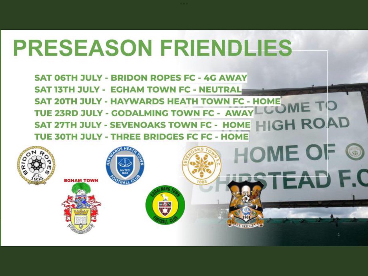Chipstead FC (Surrey) (@chipsteadfcsurr) on Twitter photo Here are the 1st team friendlies
<a href="/Bridon1935/">Bridon Ropes FC</a> <a href="/EghamTown/">Egham Town FC</a> <a href="/HHTFC/">Haywards Heath Town FC</a> <a href="/GodalmingTown/">Godalming Town FC</a> <a href="/SevenoaksTownFC/">Sevenoaks Town FC</a> <a href="/ThreeBridgesFC/">Three Bridges FC</a> Here are the 1st team friendlies
<a href="/Bridon1935/">Bridon Ropes FC</a> <a href="/EghamTown/">Egham Town FC</a> <a href="/HHTFC/">Haywards Heath Town FC</a> <a href="/GodalmingTown/">Godalming Town FC</a> <a href="/SevenoaksTownFC/">Sevenoaks Town FC</a> <a href="/ThreeBridgesFC/">Three Bridges FC</a>
