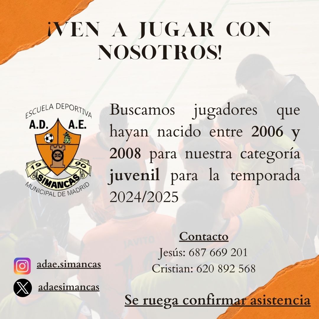 A.D.A.E.SIMANCAS (@adaesimancas) on Twitter photo ¡Ven a jugar a ADAE Simancas!
Si tienes entre 16 y 18 años ven a nuestras jornadas de puertas abiertas los lunes y miércoles de 19:00 a 20:00 ¡Ven a jugar a ADAE Simancas!
Si tienes entre 16 y 18 años ven a nuestras jornadas de puertas abiertas los lunes y miércoles de 19:00 a 20:00
