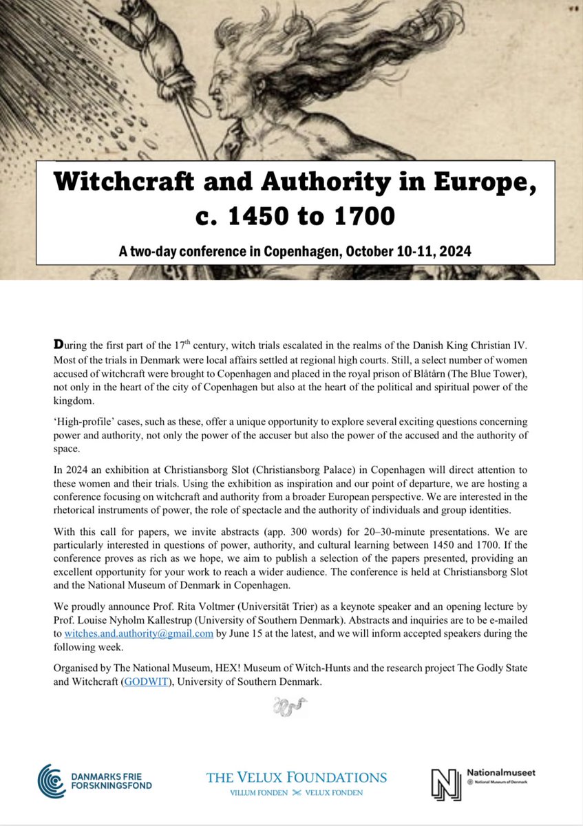 ✨ Only three weeks left to submit your abstract for our conference on Witchcraft and Authority in October! ✨ As you will notice, the original CFP had a typo, so in fact this conference covers studies from all of Europe - not just the northern part! #twitterstorians #hextag