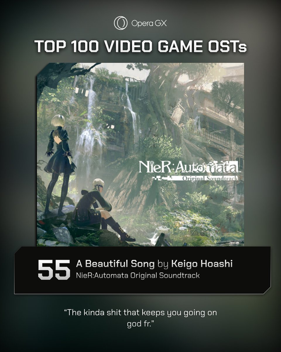 operagxofficial's tweet photo. 55. NieR: Automata

Top Track: A Beautiful Song - Keigo Hoashi
#Top100GameOSTs https://t.co/eJeetGWLyL