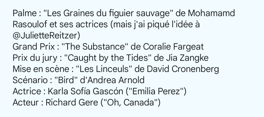 TimeZoppe's tweet image. Allez une fois n'est pas coutume, mon palmarès (difficile à faire car un même film ne peut pas avoir 2 prix) #cannes2024