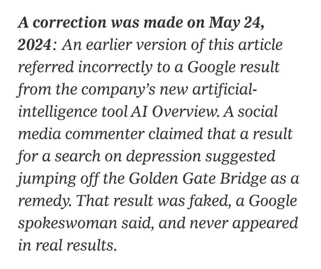 🚩It's ironic that this (albeit important) article on errors in Google's GenAI Search results ends with a correction of human errors in reporting those results. 🚩Measuring AI accuracy against human accuracy is the right marginal calculation for when AI should be applied. 🚩And