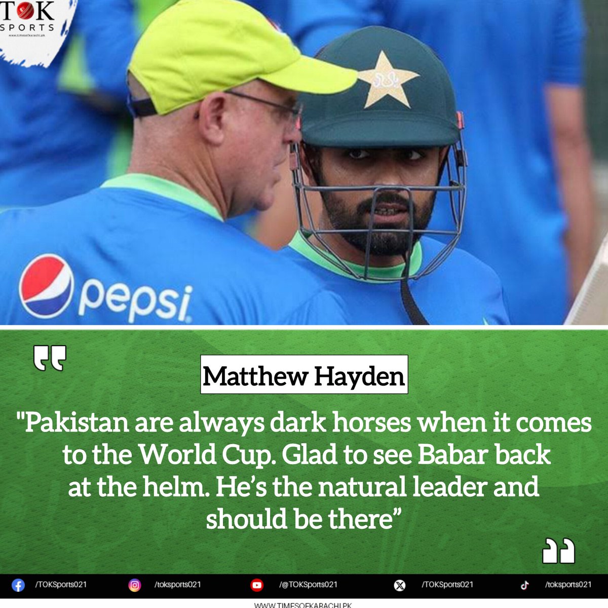 TOKSports021's tweet photo. Hayden: “🇵🇰 are always dark horses when it comes to the World Cup. Fast bowling stocks are amazing. Shaheen, Naseem who wasn’t available for selection in the last World Cup, that’s a big comeback. Glad to see Babar back at the helm. He’s the natural leader and should be there” https://t.co/jiTkehGHgX