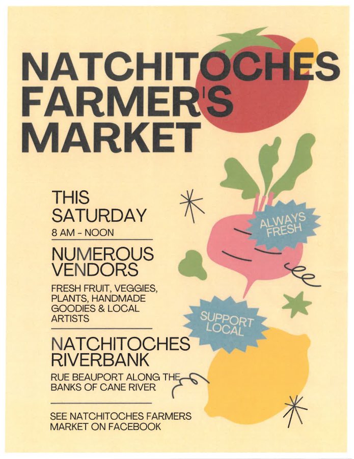 If you are visiting Natchitoches this weekend, be sure to check out the farmer’s market on the riverbank! #GoNatchitoches #explorelouisiana #farmersmarket