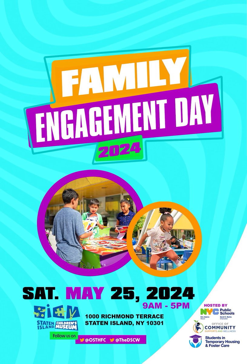 🎉Staten Island are you ready!! 🎊 
We Look forward to welcoming our STH Families soon to our 2nd Annual Family Engagement Day at the Staten Island Children’s Museum 🎨🎭🤖🚒