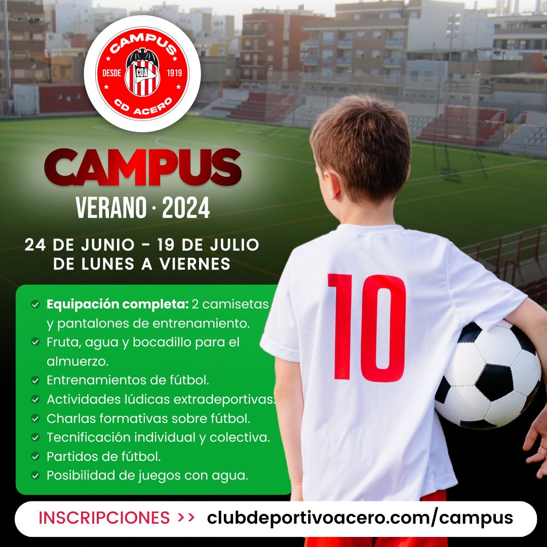 FutbolBaseCDA's tweet photo. ⚽️ Más de 50 jugadores inscritos en tan solo una semana⚽️ Este verano será de DIVERSIÓN ➕ DEPORTE en nuestro Campus de Verano☀️ CD Acero 🔴⚪️

Inscripciones👉 https://t.co/rIMV1ltqQw https://t.co/bnWqryE21G