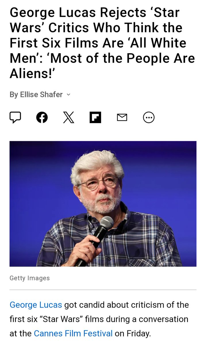 George Lucas is a confusing person 

He mocks people complaining that his six Star Wars films were all white men yet he supports Disney Star Wars which is run by DEI activists who think exactly like this.