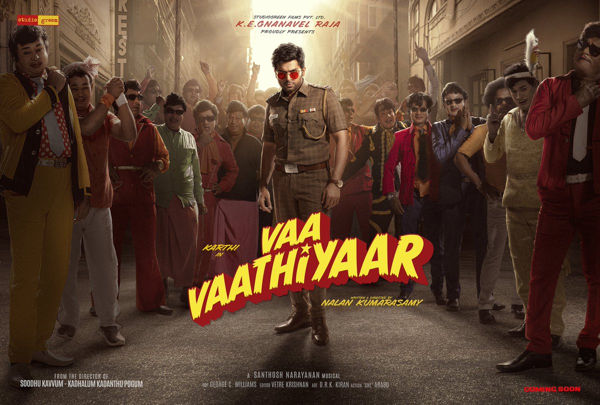 Excited to unveil the first look of #Karthi26, titled #VaaVaathiyaar 🔥 A #NalanKumarasamy Entertainer 🎉 A @Music_Santhosh Musical #HBDKarthi #VaaVaathiyaarFirstLook #வாவாத்தியார் #StudioGreen @GnanavelrajaKe @Karthi_Offl @IamKrithiShetty #Rajkiran @GMSundar_ @george_dop