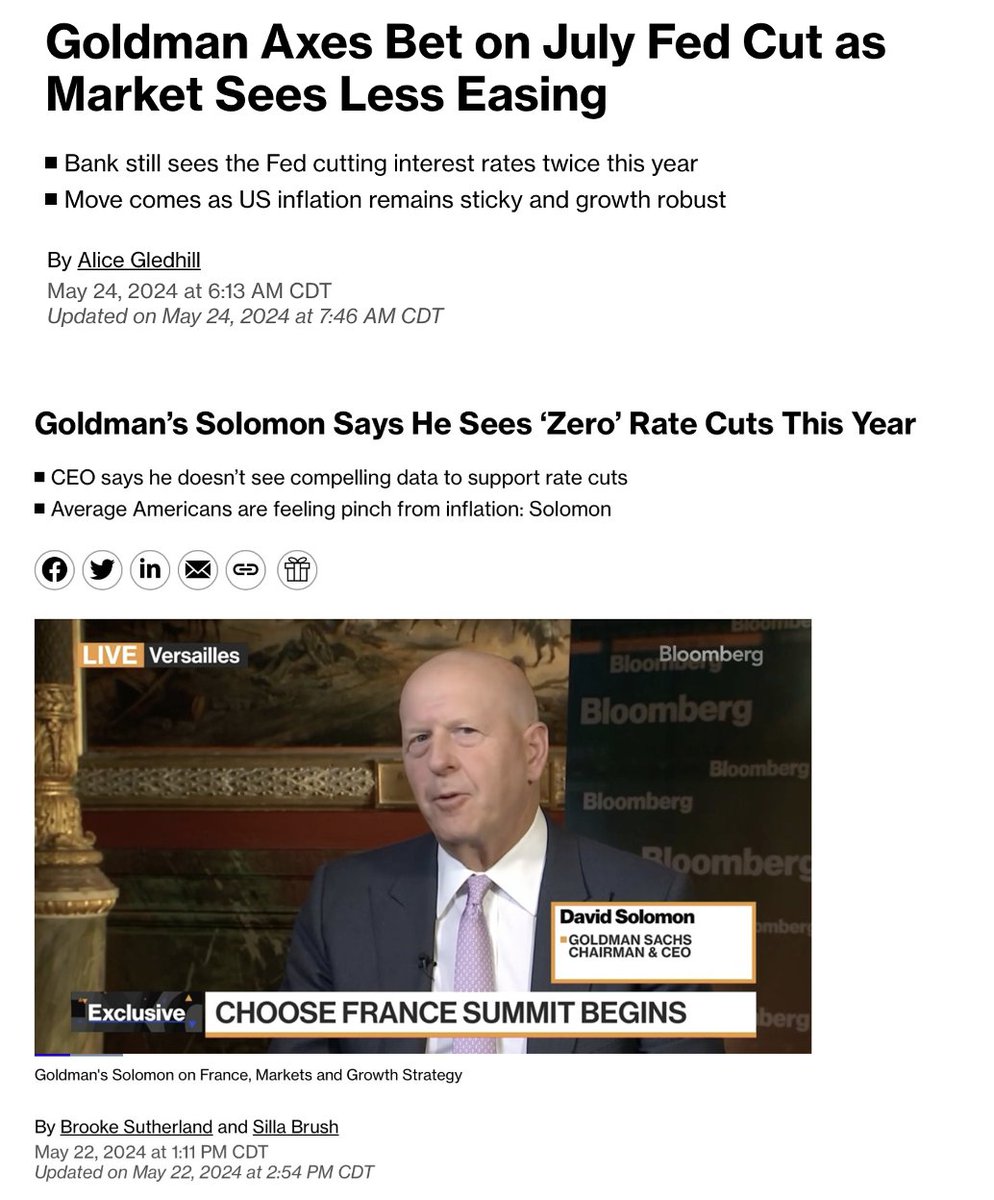 Goldman Sachs says they now see rate cuts beginning in September. But 3 days ago, the CEO said no rate cuts this year. Do these people even talk to each other? 😂