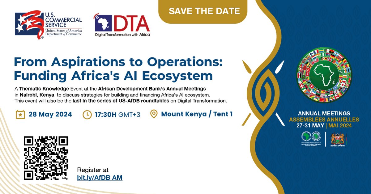 We’re just days away from #AITuesday at #AfDBAM2024 in #Nairobi!

The <a href="/AfDB_Group/">African Development Bank Group</a> will host a U.S. Commercial Service side event on artificial intelligence bringingtogether leaders from U.S. and African private sectors and government officials.