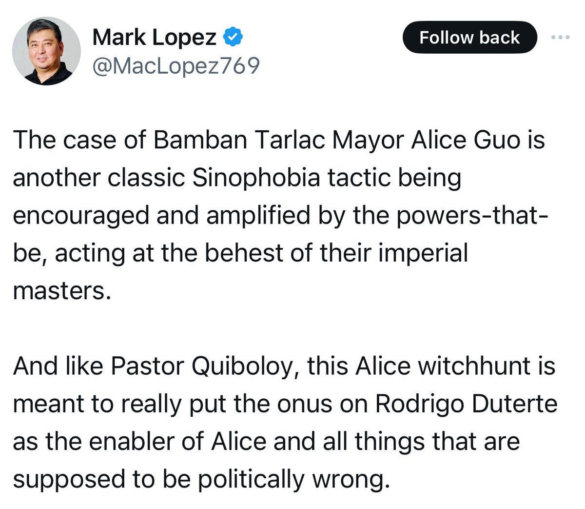 Suprisingly, those who remain silent about China's illegal actions while criticizing the government's efforts to expose China's aggressive behavior all seem to have one thing in common: they are all defenders of Apolo Quiboloy and Bamban Mayor Alice Guo. This observation raises