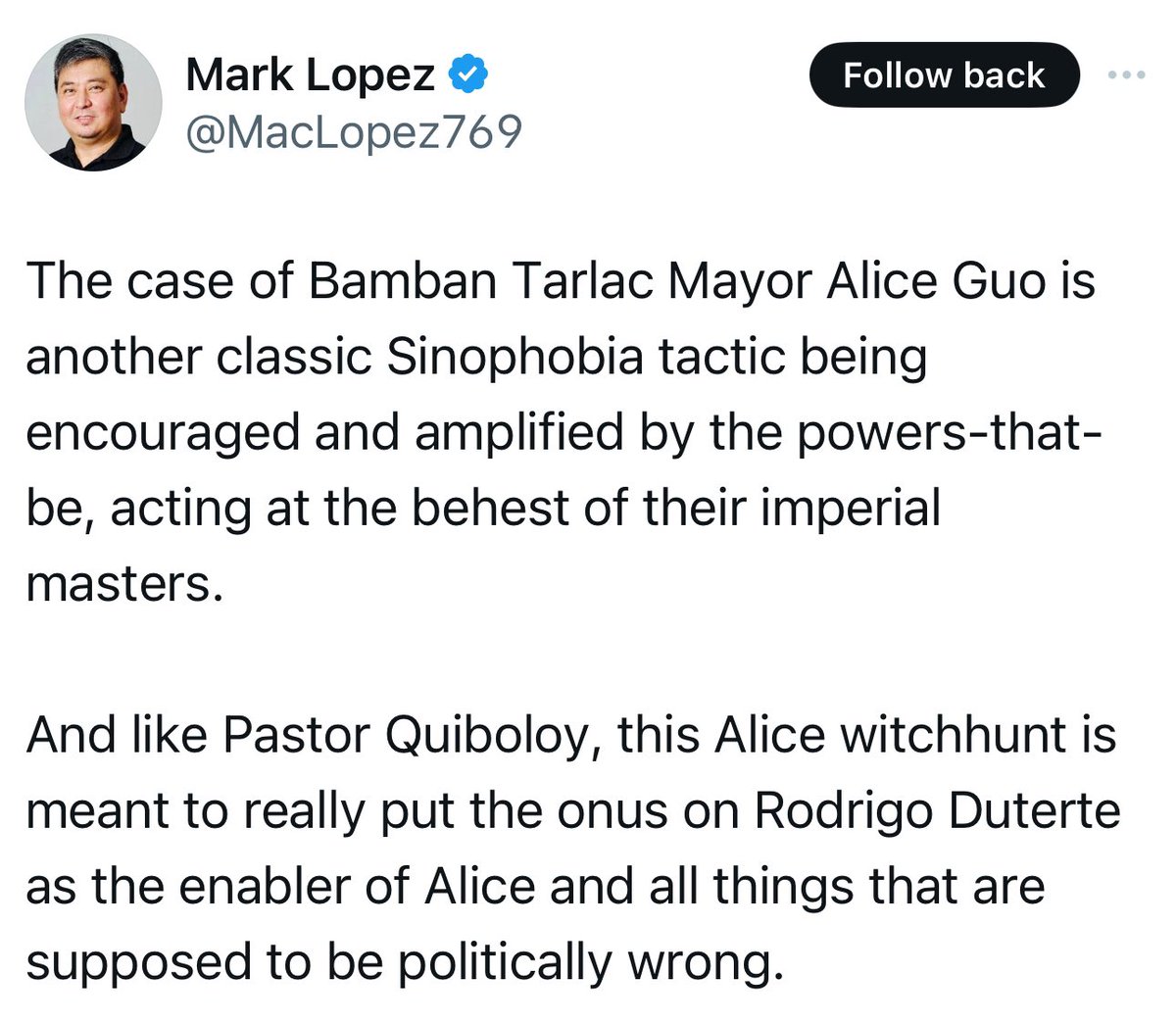 jaytaryela's tweet photo. Suprisingly, those who remain silent about China's illegal actions while criticizing the government's efforts to expose China's aggressive behavior all seem to have one thing in common: they are all defenders of Apolo Quiboloy and Bamban Mayor Alice Guo. This observation raises the question of whether this alignment is merely coincidental or if these individuals are actually taking orders from someone to further China's narrative and protect those who align with China's grand strategy.🤷🏻‍♂️