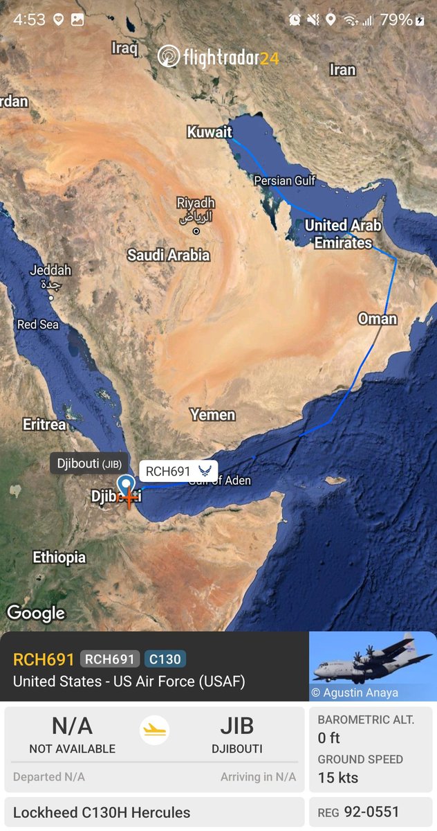 Borrowed7Time's tweet photo. USAF C-130H 92-0551 #ADFE86 as RCH691 arrived at Camp Lemonnier, Djibouti from Ali Al Salem Air Base in Kuwait.
@Dinlas3 https://t.co/kSLts8mlIn