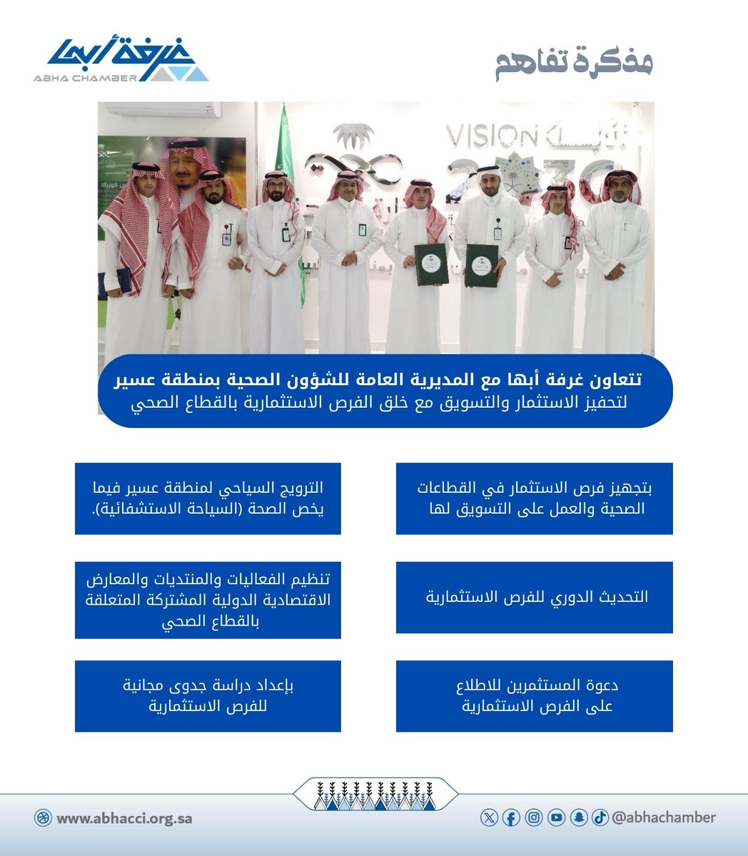 abhachamber's tweet photo. 🔳وقع الأمين العام لـ #غرفة_أبها د. رياض آل عقران @AlaqranR مذكرة تفاهم مع المديرية العامة للشؤون الصحية بمنطقة #عسير @assirhealth يمثلها المدير العام للمديرية 
د. عبدالله بن قداح الموسى  وتهدف المذكرة تحفيز الاستثمار والتسويق في القطاع الصحي بمنطقة #عسير https://t.co/vkoy6wzu91