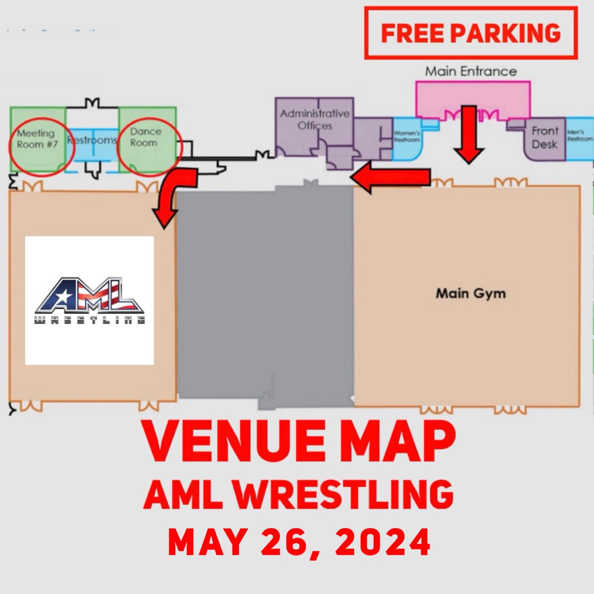🚨 ATTN: here is the venue map for AML Wrestling on Sunday, May 26, 2024. We are in the auxiliary gym for this event but parking & the entrance are the same for both gyms. Davie County Community Park Gym 151 Southwood Drive Mocksville, NC 👉 AMLWrestling.com